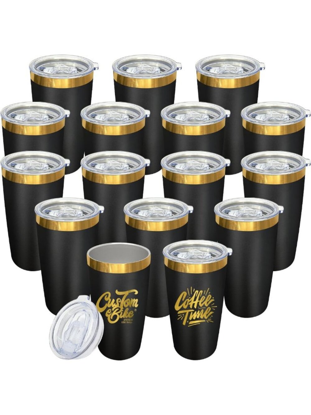 16 Pack Black & Gold Travel Coffee Tumblers - 10 oz Insulated Mugs for On-the-Go